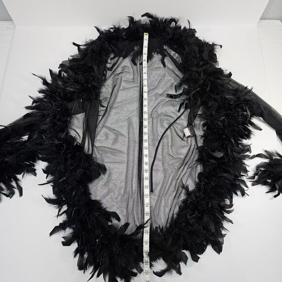 Vtg Frederick's of Hollywood Black Feather Trim Mesh Short Robe L/XL Boho Glam - Picture 7 of 7